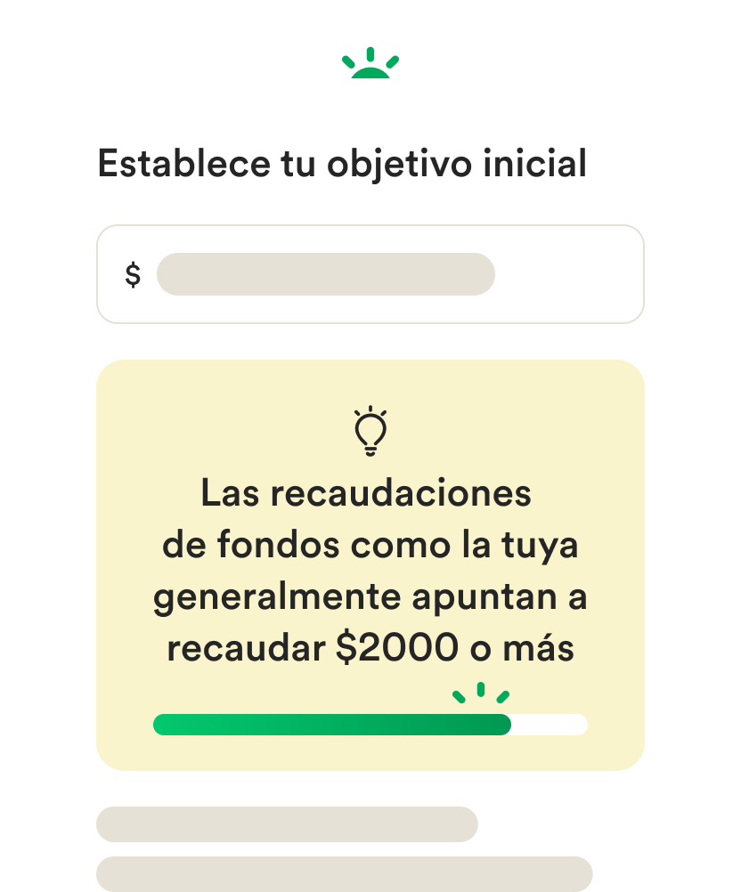 IU de wireframe móvil para crear una recaudación de fondos y definir un objetivo monetario